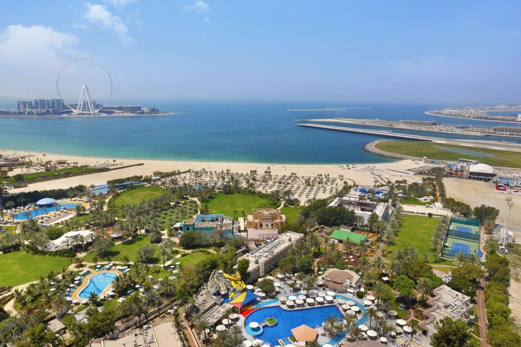 An aerial view of the beachfront property of Habtoor Grand Resort, Autograph Collection.