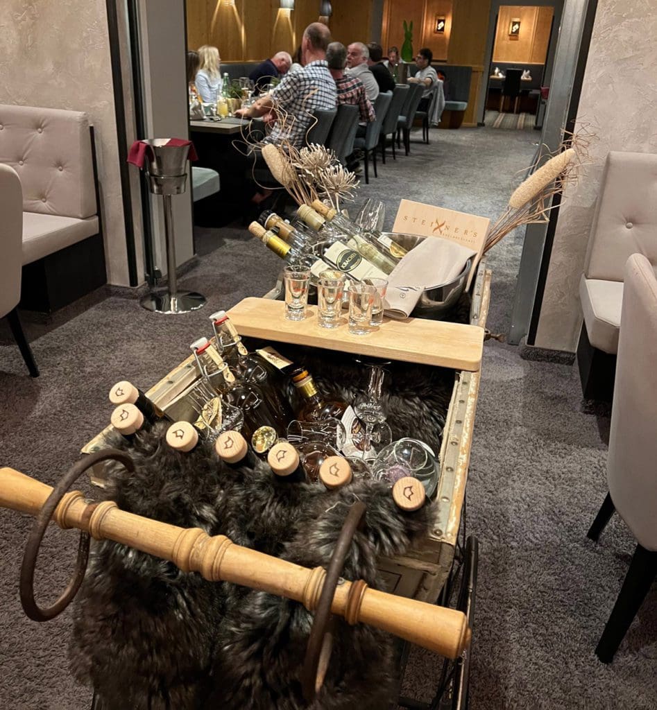 A beverage cart stocked with wine at an Austrian Hotel near Innsbruck.