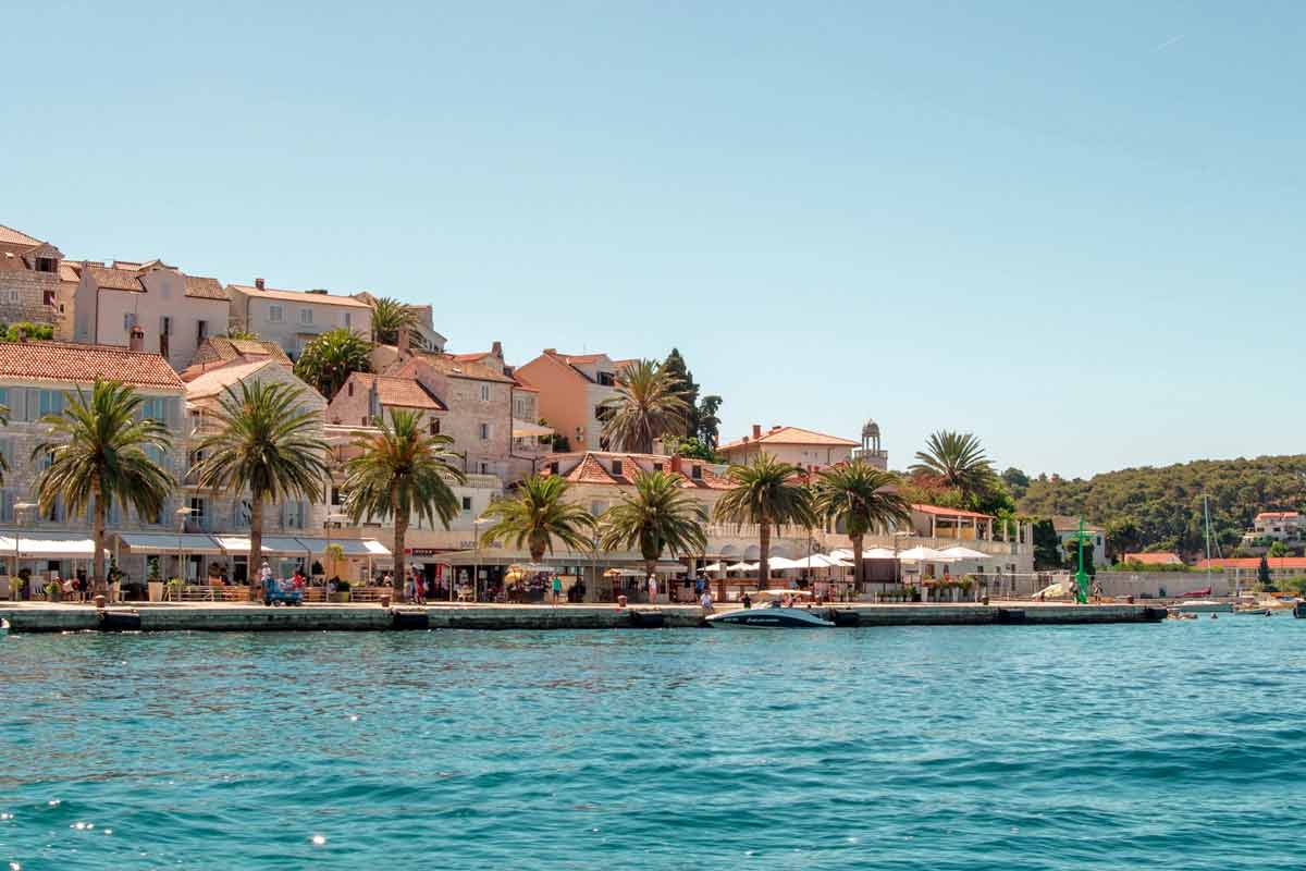 A lovely shoreline in Hvar, featuring palm trees and beautiful homes.