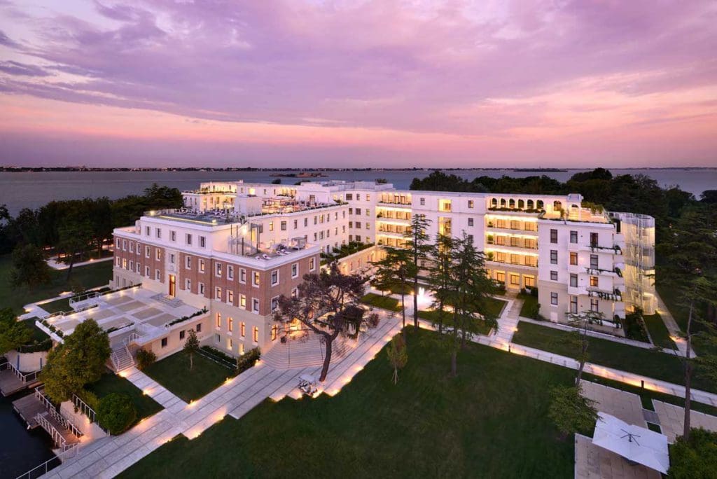 An aerial view of JW Marriott Venice Resort & Spa at dusk.