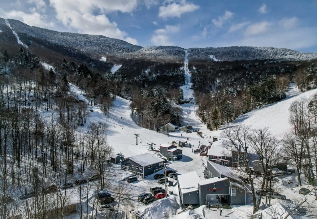 An aerial view of the buildings and some of the slopes at Mad River Glen Cooperative in Vermont.