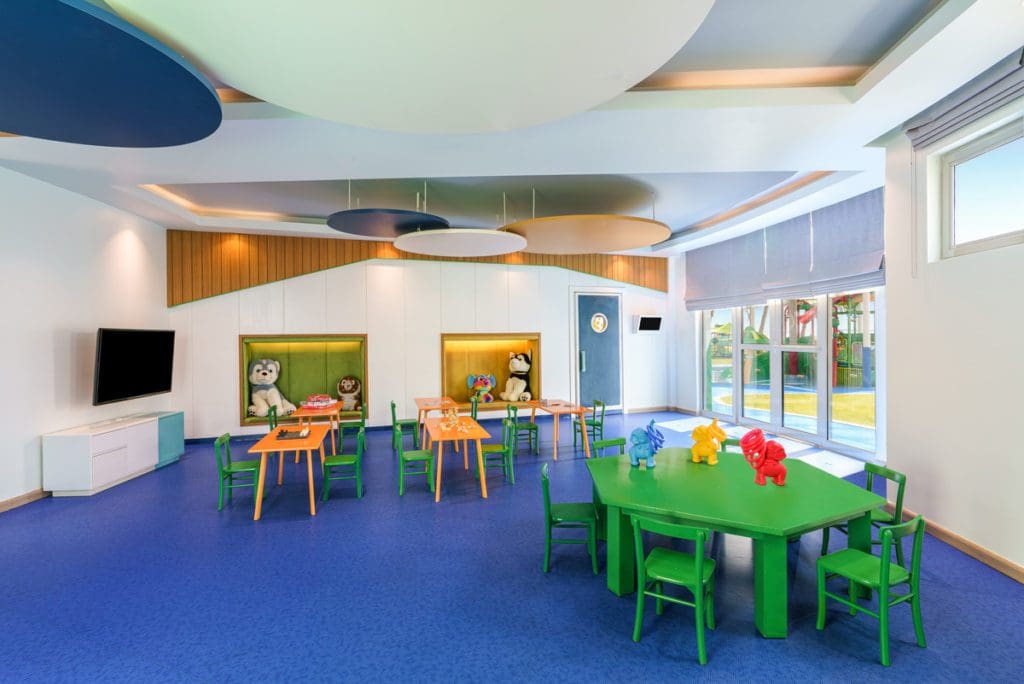 Inside the bright and colorful kids' club area at Rixos The Palm Hotel & Suites.