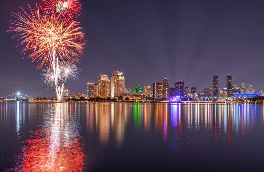Fireworks over the skyline of San Diego, one of the best destinations for New Year's with kids.