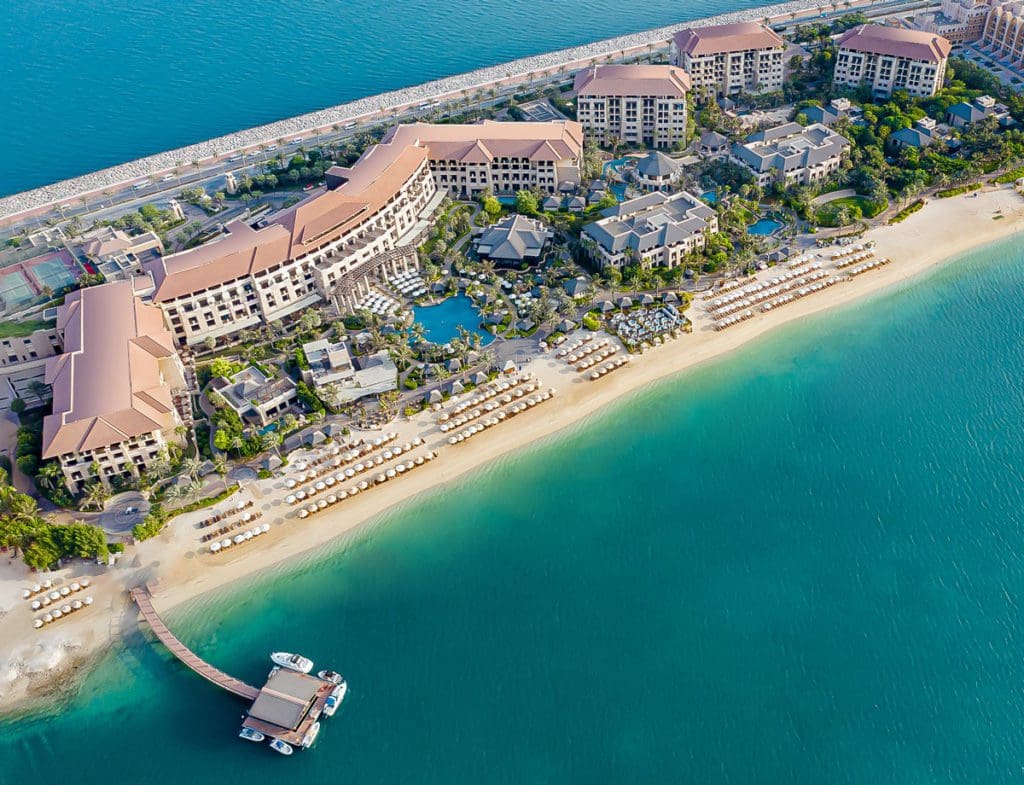 An aerial view of the apartments and beach at Sofitel Dubai The Palm.