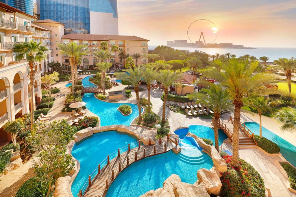 The stunning pools and resort buildings of The Ritz-Carlton, Dubai.
