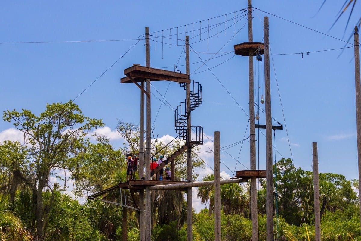 People enjoy a sunny day on a zipline course at Empower Adventures Tampa Bay.