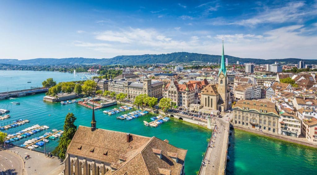 An aerial view of the city center of Zurich, along Limmat.