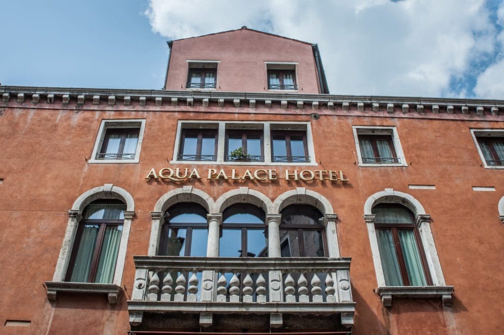 The entrance to Aqua Palace Hotel, one of the best hotels in Venice for families.
