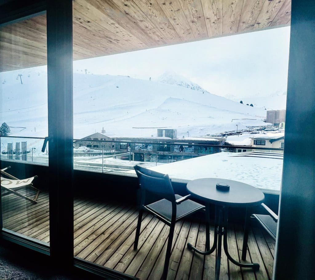 A view of Kühtai Ski Resort from a Hotel Mooshaus room balcony.