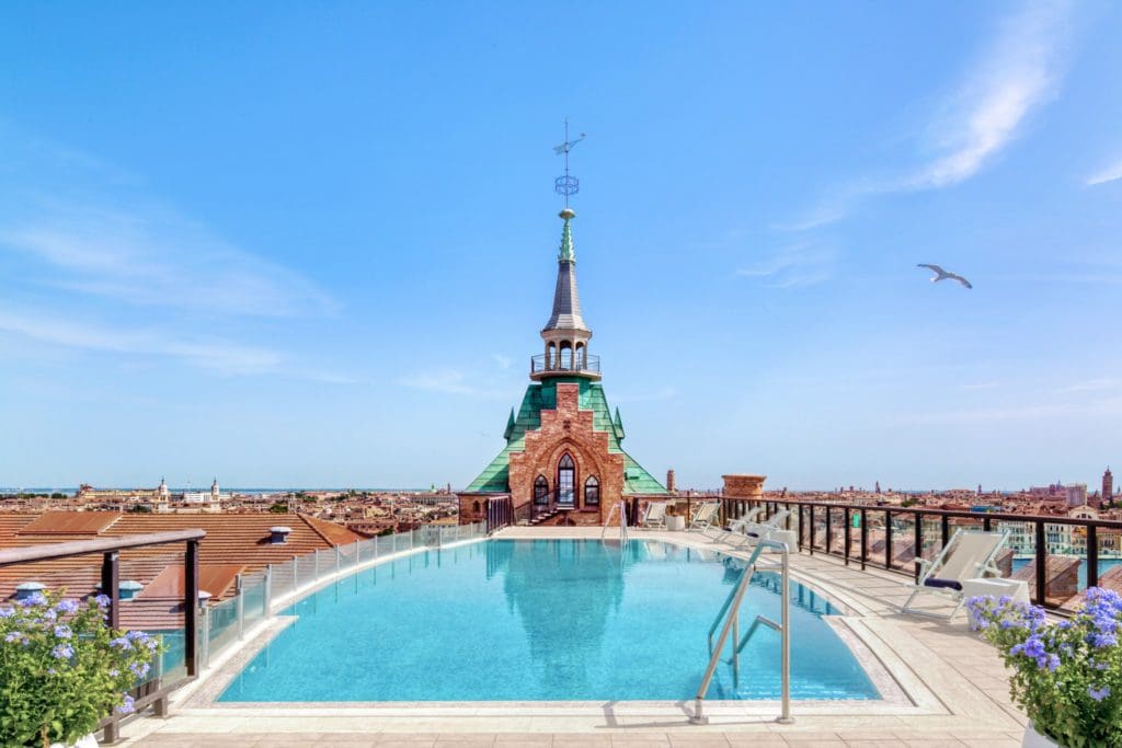 The outdoor, rooftop pool at Hilton Molino Stucky Venice.