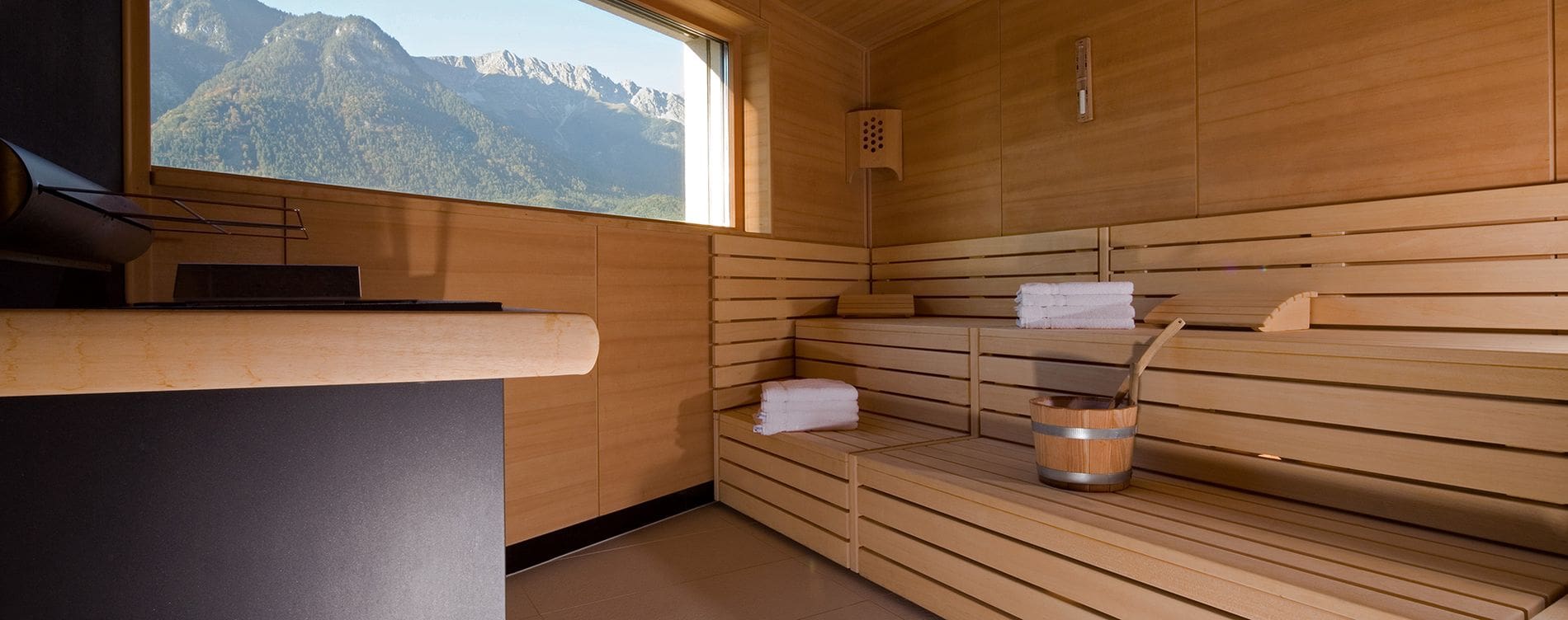 Inside the sauna at Penz Hotel West with a view of the mountains.