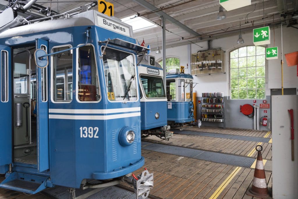 Several trams lined up at the Zürich Tram Museum.