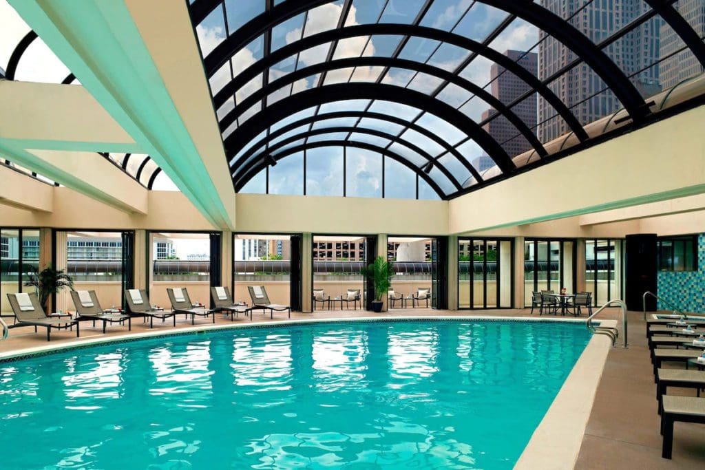 The indoor pool with an expansive skylight at Atlanta Marriott Marquis.