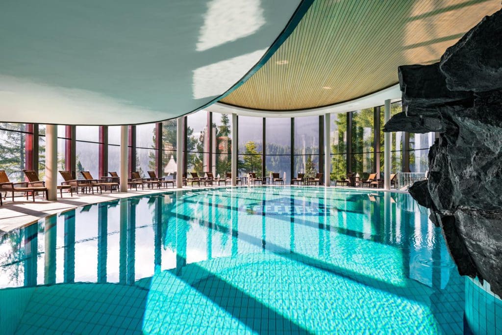 Inside the pool at Badrutt's Palace Hotel St. Moritz, one of the best hotels in St. Moritz for families.