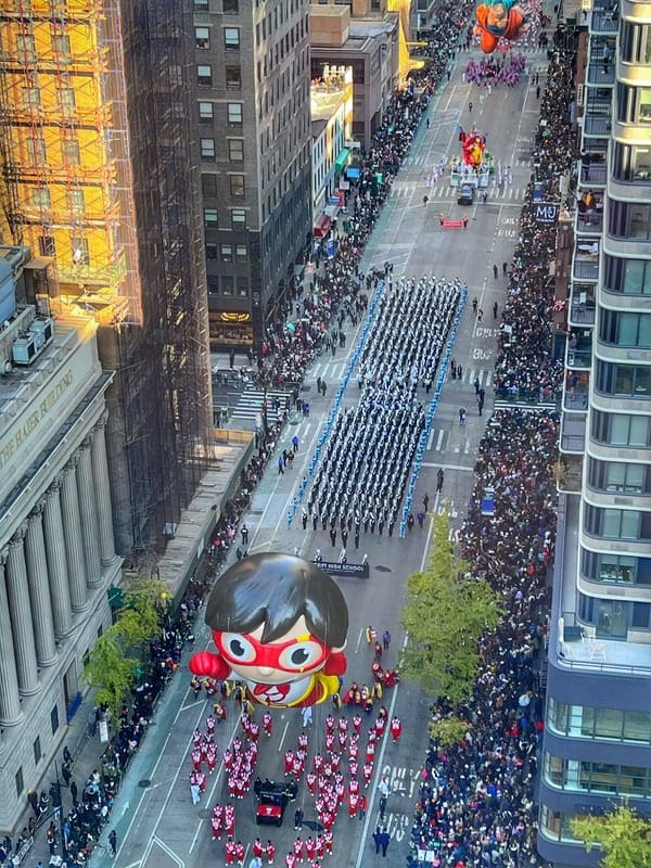 An aerial view of the parade floats.
