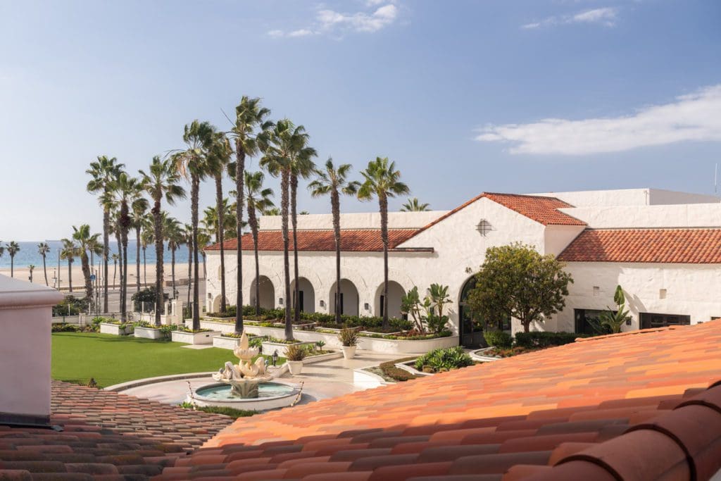 The interior courtyard and surrounding hotel buildings at Hyatt Regency Huntington Beach Resort.