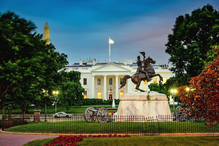 The White House lit up at night, one of the stops on the 90-Minute Walking Tour of the Ghosts of Washington DC.