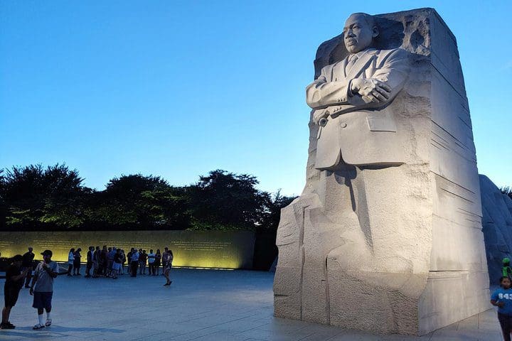 The MLK Memorial, lit up at night, which can be seen on the DC Monuments and Memorials Night Tour.