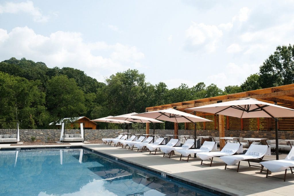 The heated outdoor pool at Southall Farm & Inn, one of the best hotels for families near Nashville.