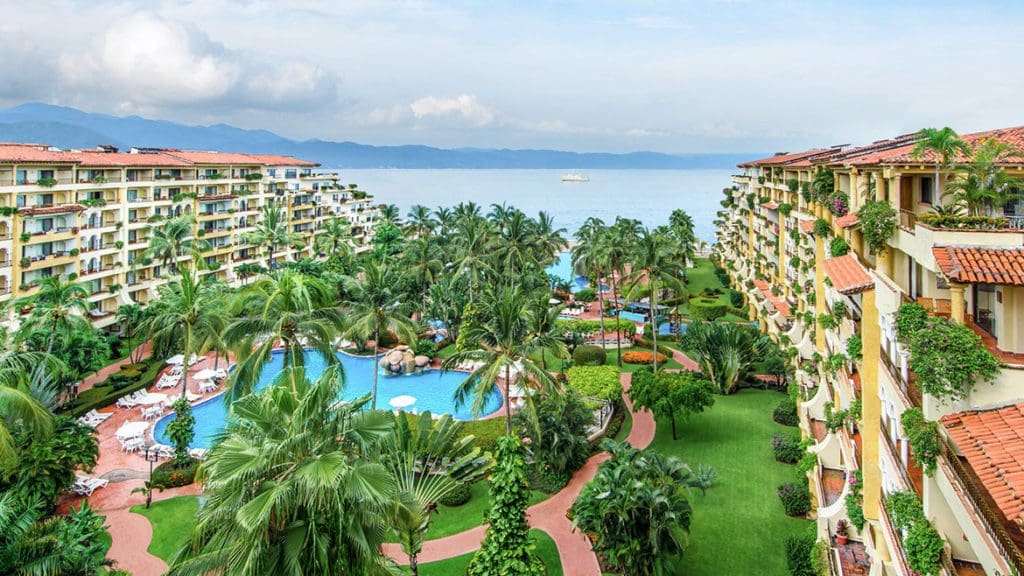 An aerial view of the resort and grounds of Velas Vallarta Suite Resort.
