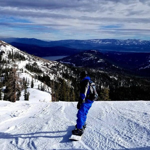 A young boy skis down a slope at SugarBowl in Lake Tahoe.