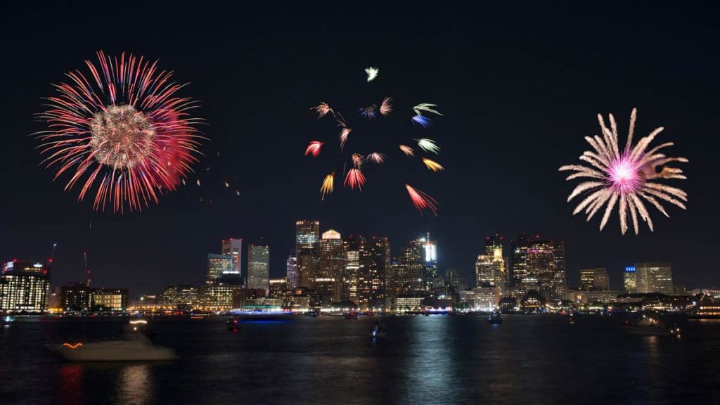 Fireworks over Boston for New Years Eve, one of the best destinations for New Year's with kids.