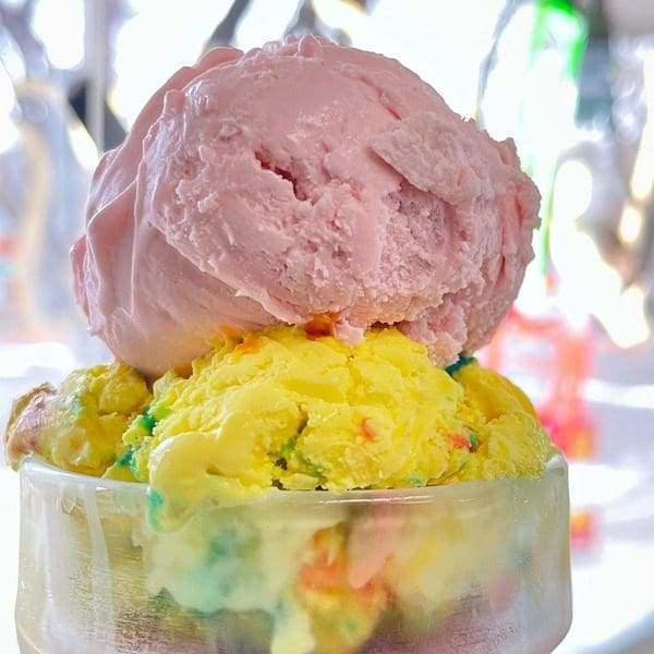 A dish of colorful ice cream from Liks Ice Cream.