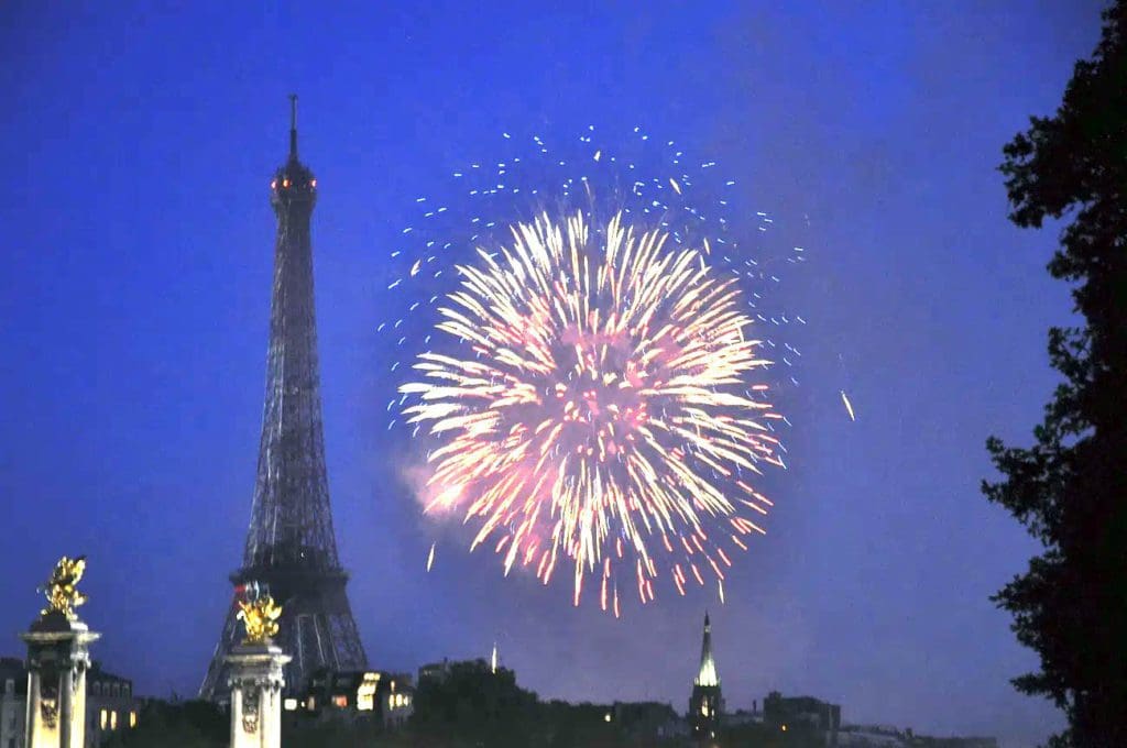 Fireworks over Paris near the Eiffel Tower, one of the best destinations for New Year's with kids.