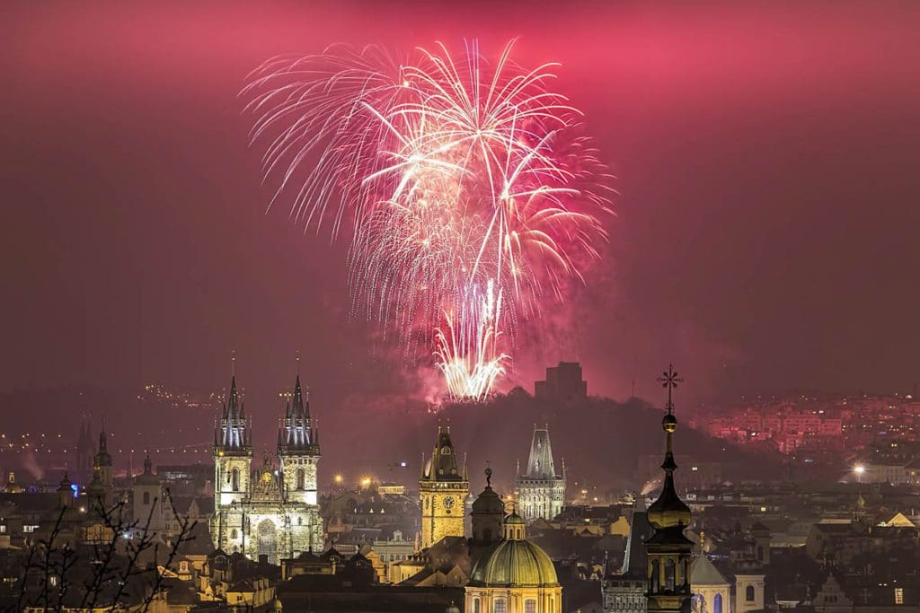 Fireworks to ring in the New Year over Prague.
