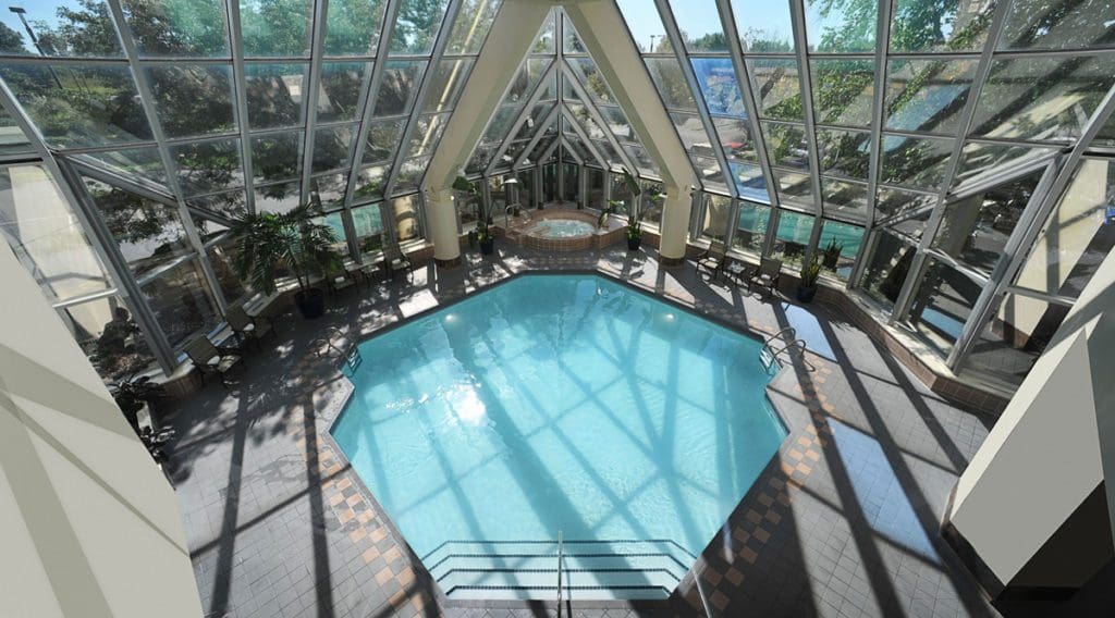 The indoor pool, with floor to ceiling windows, at Hilton Minneapolis / Bloomington Hotel.