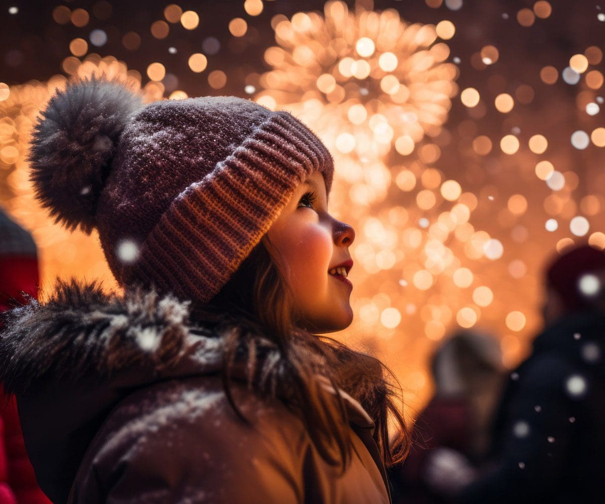 A young girl wearing a winter hat looking up during a New Year's Eve fireworks display