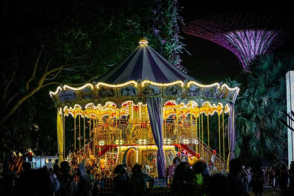 A lit up carousel at Christmas in Singapore.