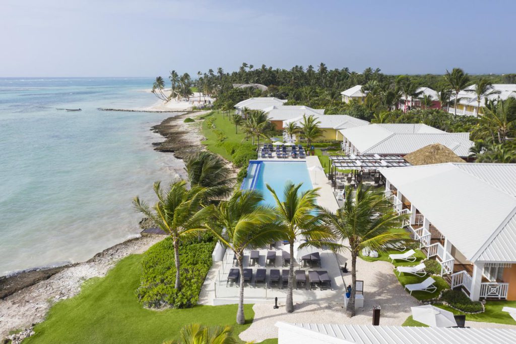 An aerial view of the pool and beach at Club Med Punta Cana in the Dominican Republic. 