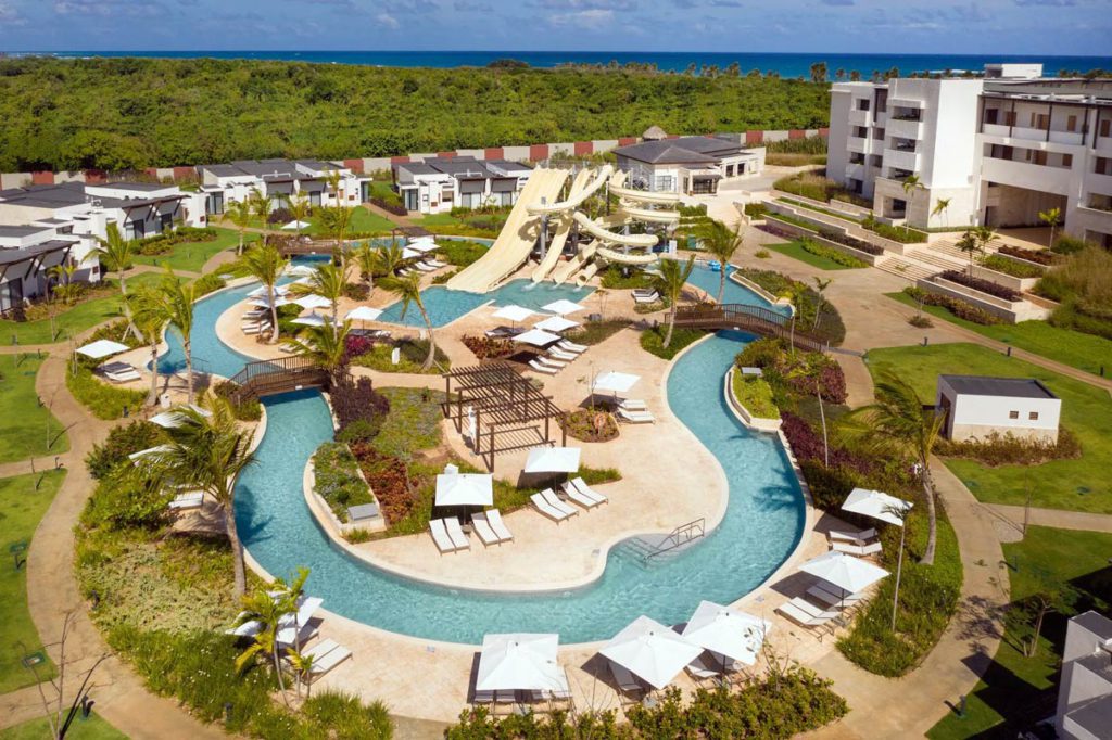 An aerial view of the water park and lazy river at Dreams Macao Beach Punta Cana.