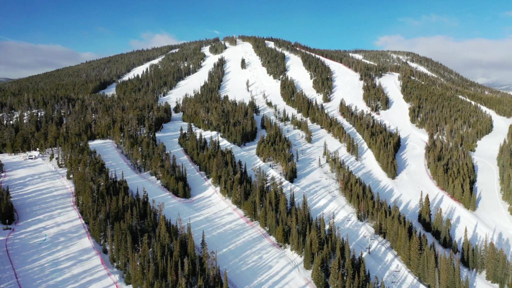 An aerial view of the ski slopes at Eldora Ski Resort in Colorado