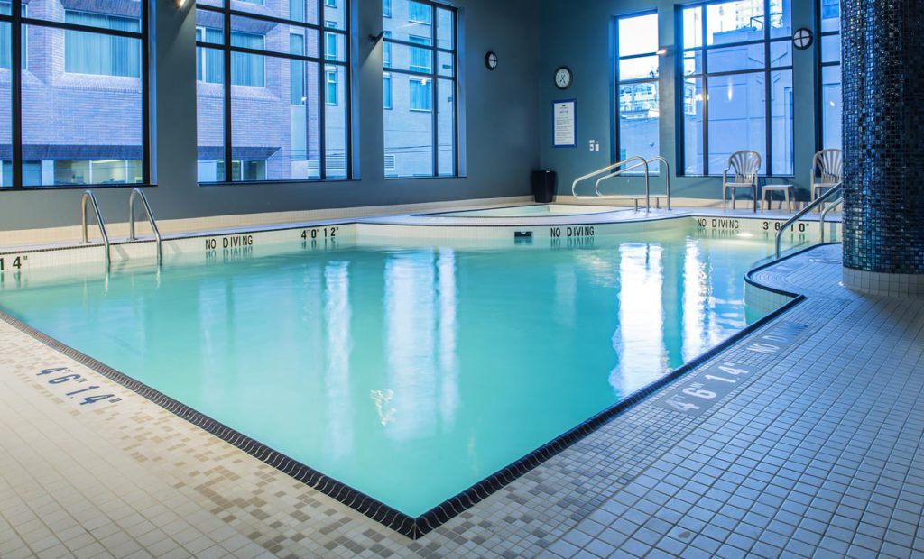 The indoor pool at Hotel BLU Vancouver, one of the best hotels in Vancouver for families.
