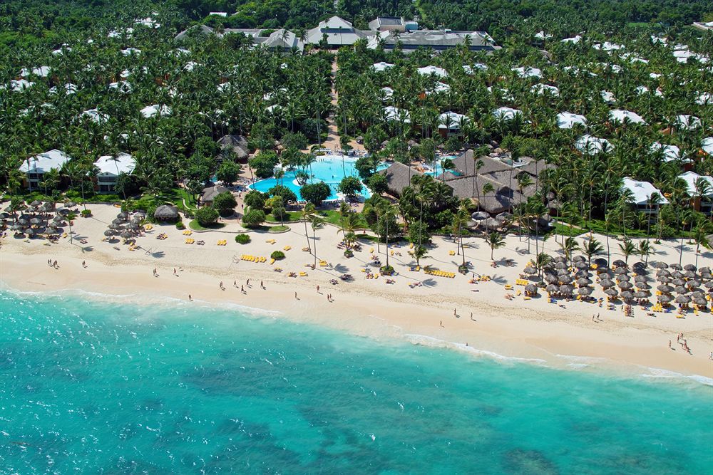 An aerial view of the property and ocean at Iberostar Selection Bavaro Suites.