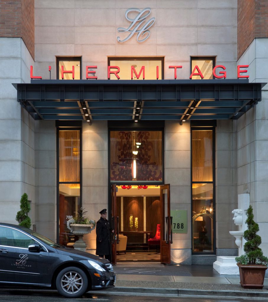The exterior of L'Hermitage Hotel Vancouver, one of the best hotels in Vancouver for families.