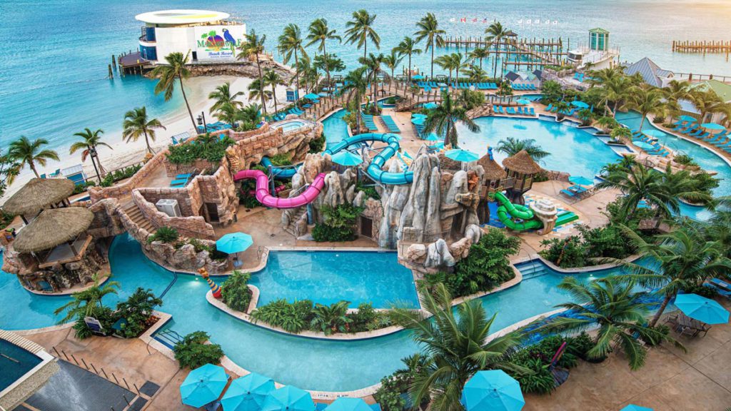 An aerial view of the water park at Margaritaville Beach Resort Nassau, one of the best hotels in the Caribbean with a water park for families.