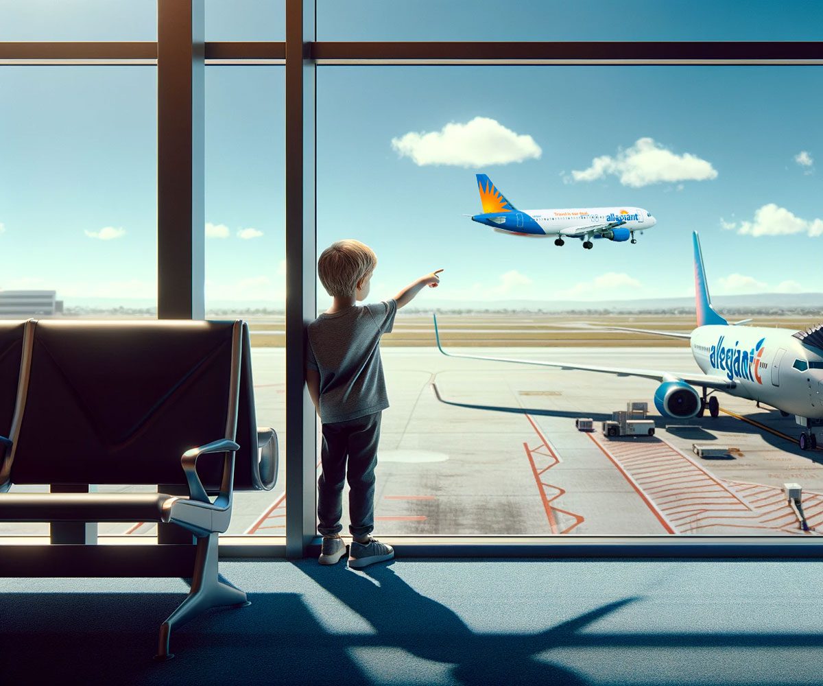 A child staring at an Allegiant Airlines plane out the window.