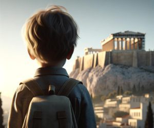 A child looking at the Acropolis in Athens.