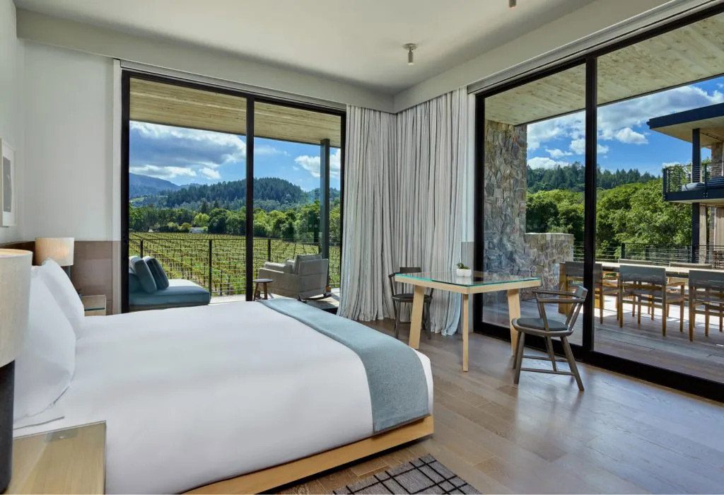 One of the rooms at Alila Napa Valley, one of the best hotels In Napa Valley for a romantic getaway or girls' weekend.