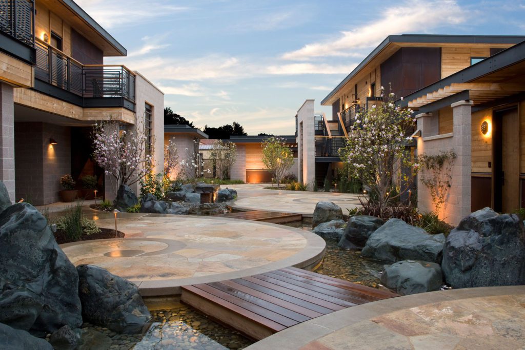 An outdoor view of the Bardessono Hotel and Spa, one of the best hotels In Napa Valley for a romantic getaway or girls' weekend.