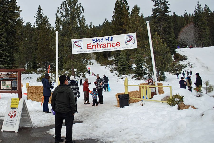 The sled entrance to North Tahoe Regional Park, one of the best places to go snow tubing in Lake Tahoe with kids. 