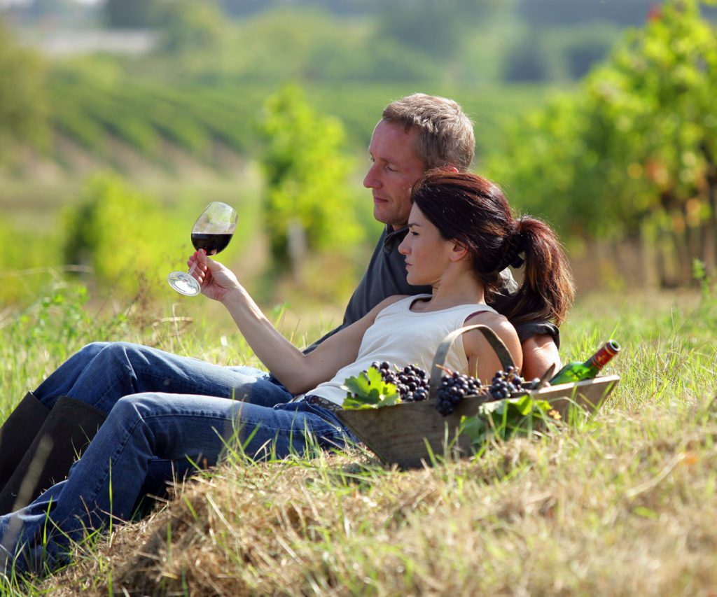 A couple lounging in a field in Napa Valley sipping on a glass of wine. 
