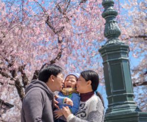 A family under the cherry blossoms in Osaka, Japan.