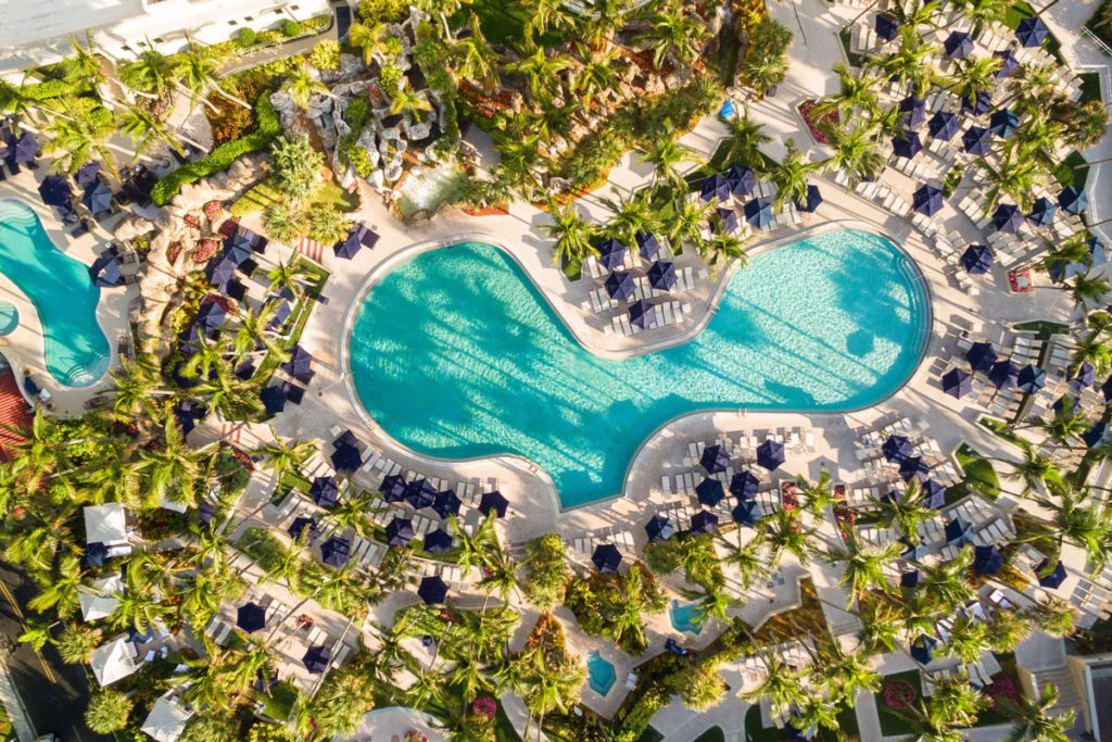 An aerial view of the pool at Fort Lauderdale Marriott Harbor Beach Resort and Spa. 