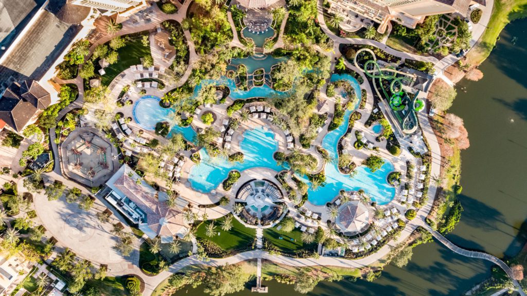 An aerial view of the water park at JW Marriott Orlando Grande Lakes. 