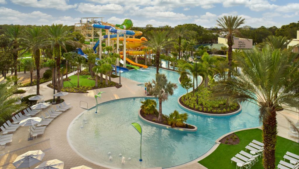 The outdoor pool and lazy river at the Orlando World Center Marriott. 