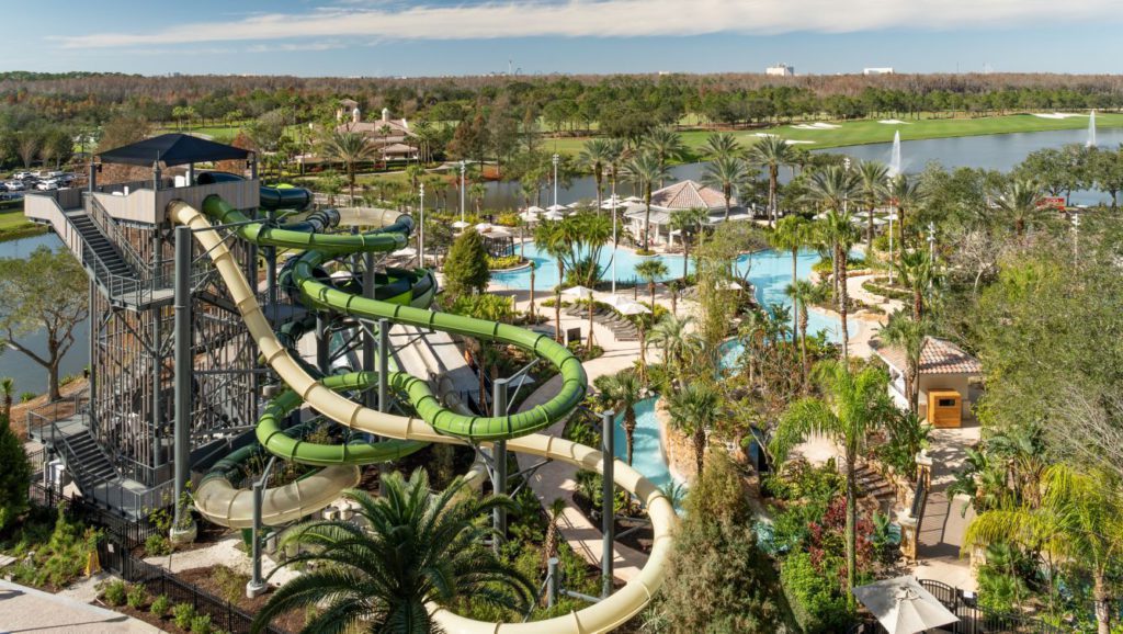 An aerial view of the water park at the Ritz-Carlton, Orlando, one of the best Marriott hotels in Florida for families. 